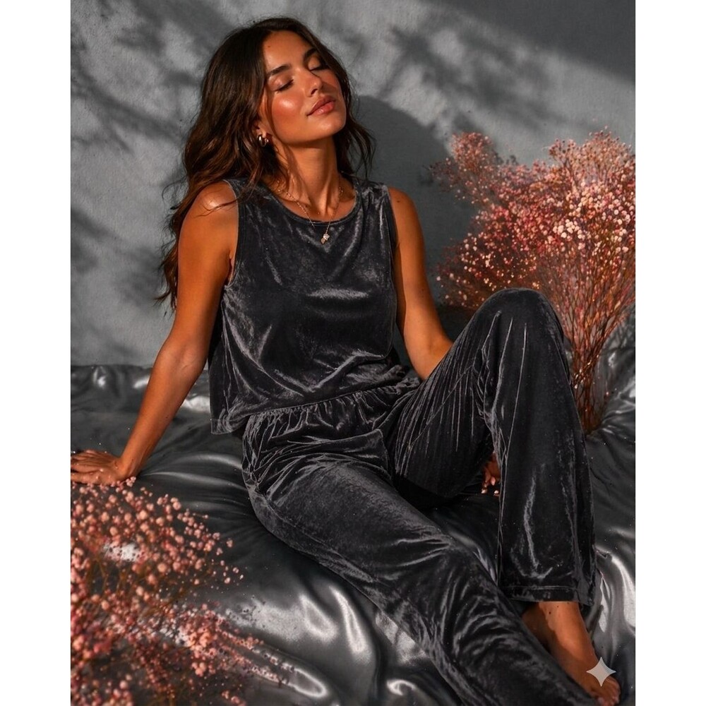Chico’s Travelers Size 2(L/12) 2 Piece Set Charcoal Slinky Stretch Velvet Lounge
